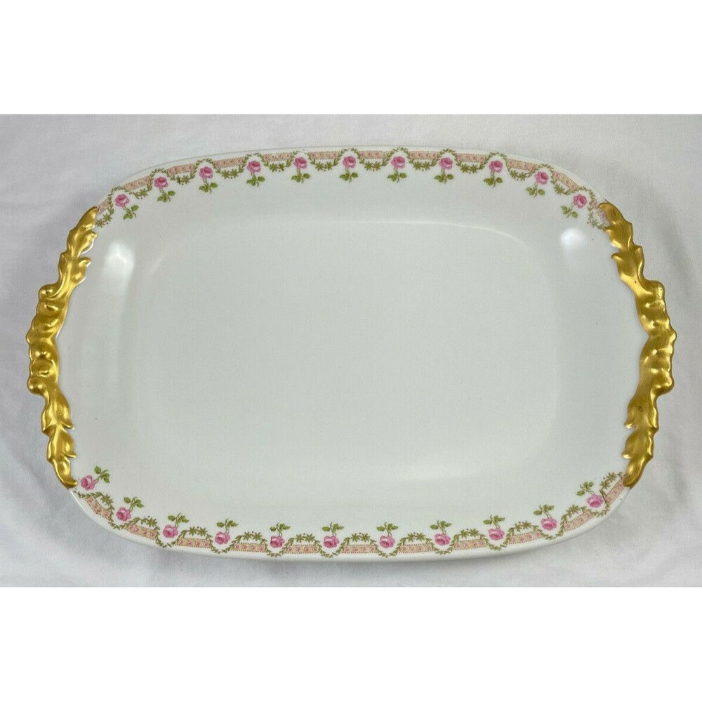 Limoges Pink Rose Platter Floral Rectangle Gold Gilded J. Pouyat 9.5x 14" France